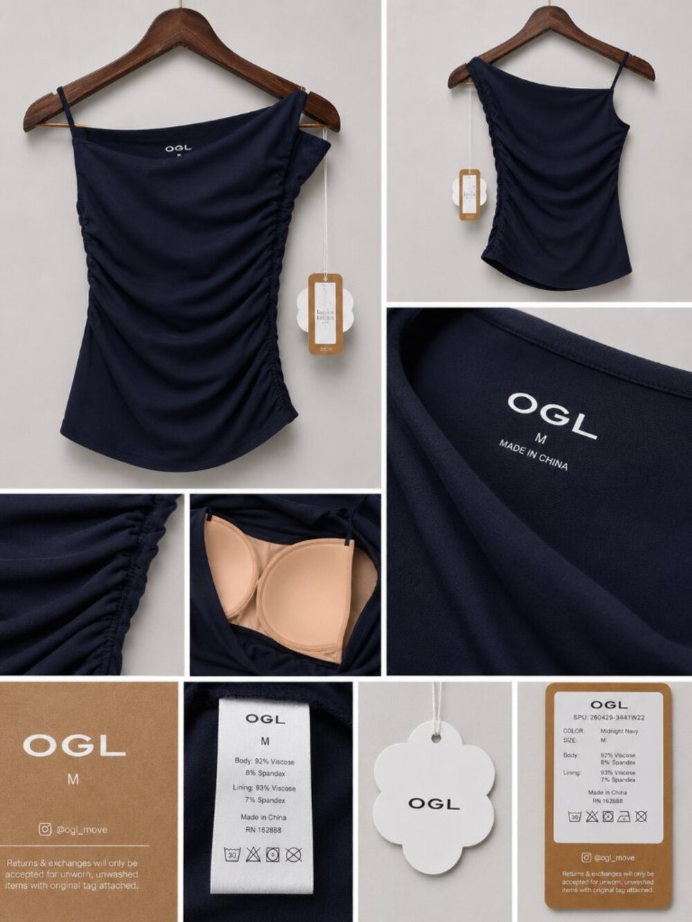 NWT OGL Move SkinKiss Ruched One Shoulder Asymmetrical Bra Top Midnight Navy M
